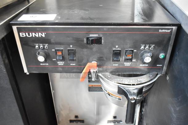 2016 Bunn DUAL SH stainless steel commercial coffee machine, features dual brewing stations, hot water dispenser, metal brew basket.