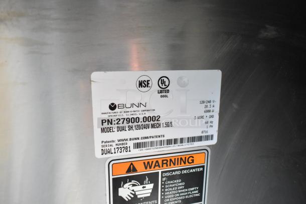 2016 Bunn DUAL SH Stainless Steel Commercial Coffee Machine tag showing model, voltage specs, and safety warnings.