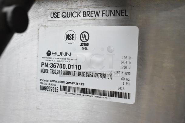 2016 Bunn TB3Q iced tea machine label, 120V, 1 Phase. NSF and UL listed. Model details and serial number visible.