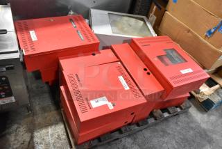 13 various items including PowerPath Wheelock SP40S and PS-8 cabinets. Red metal, some with visible markings and labels.