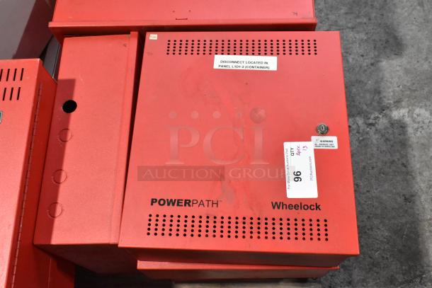 Red PowerPath Wheelock SP40S cabinet with visible labels and markings, including "DISCONNECT LOCATED IN PANEL L1D1-2." Quantity tag indicates lot of 13 items.