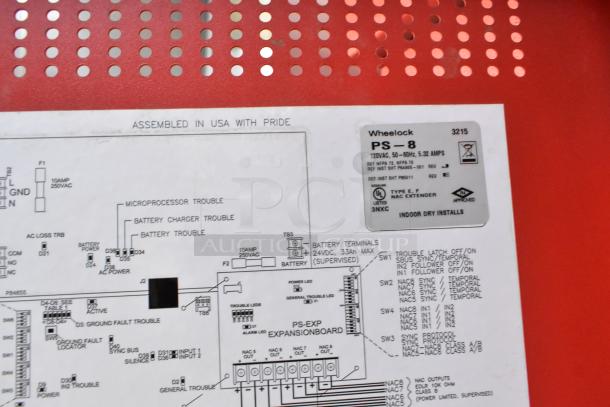 Wheelock PS-8 Cabinet, red, with detailed wiring diagram and label indicating indoor dry installs, 120VAC, 50-60Hz, 5.32 amps.