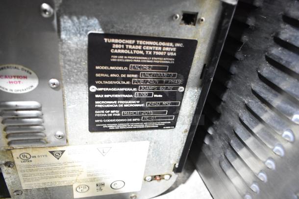 Turbochef Encore 2 rapid cook oven, stainless steel, 208/240V, 1 phase, serial ENC211000673, manufactured March 2015.