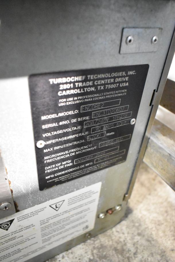 2018 Turbochef Encore 2 stainless steel rapid cook oven label. Model ENC3TD20607, 208/240V, 1 phase, 30 amps, 5700W.