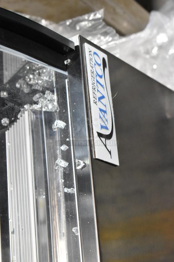 Brand new Avantco CAC-48 refrigerated merchandiser with broken glass, model 193CAC48B, 115V, 1 phase. Visible logo.