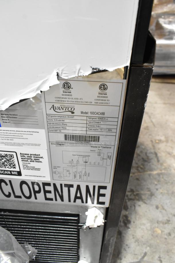 Avantco CAC-48 refrigerated air curtain merchandiser, model 193CAC48B, black, 47 3/16" wide. Note: broken glass. 115V, 1 phase.