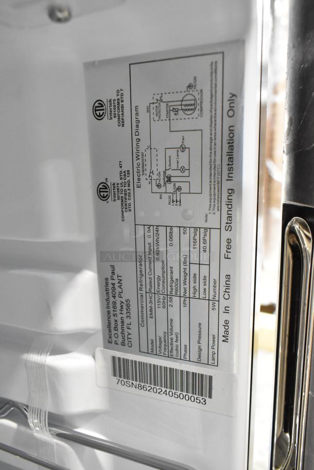 Excellence EMM-3HC display refrigerator label showing specs: 115V, 1 phase, made in China. Model 360EMM3HC.