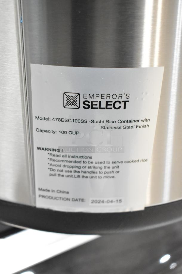 BRAND NEW SCRATCH AND DENT! 2024 Emperor's Select 478ESC100SS 100 Cup Insulated Sushi Rice Container, Stainless Steel Finish, Made in China, Production Date: 2024-04-15, Warning label visible.