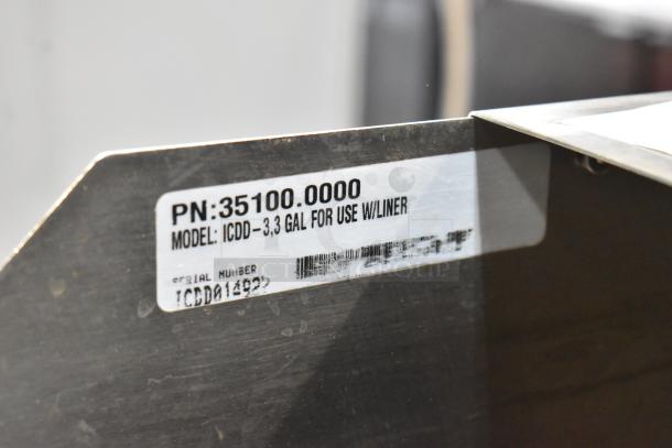 Bunn ICDD-3 Stainless Steel Countertop Reservoir, 3.3-gallon capacity, model and serial number label visible.