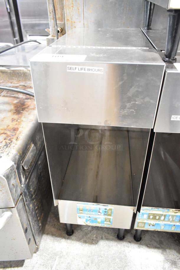 Bunn ICDD-3 stainless steel commercial countertop reservoir; signs of wear; label indicates "SELF LIFE 8 HOURS."