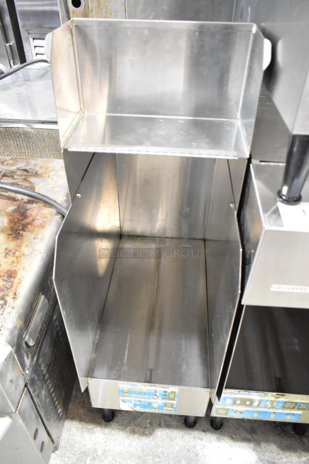 Bunn ICDD-3 stainless steel commercial countertop reservoir, features dual shelving, visible wear, and instruction labels.