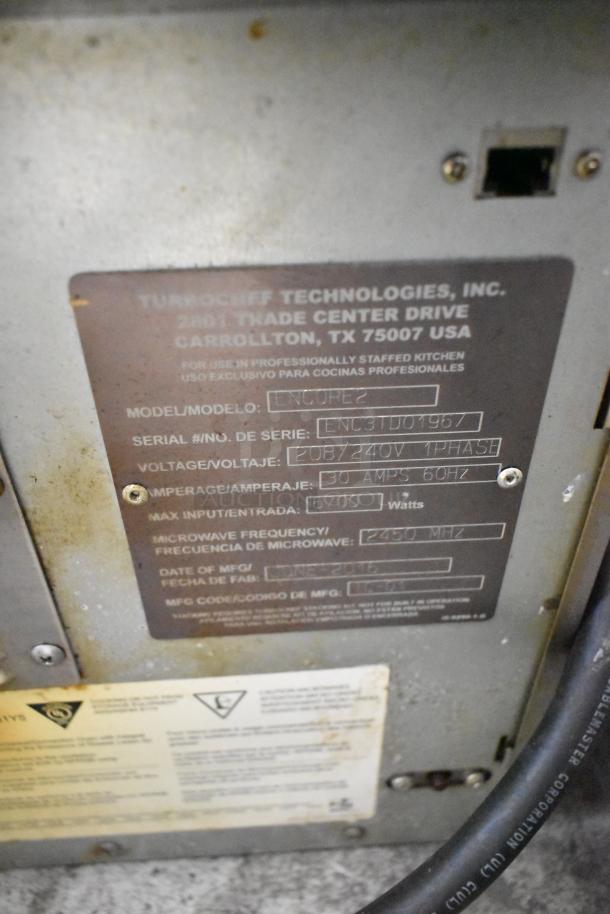 2016 Turbochef Encore 2 rapid cook oven; stainless steel, electric, 208/240V, 1 phase; model and serial number label visible.