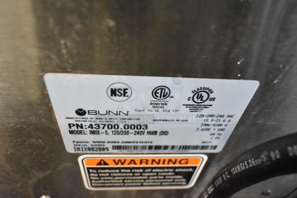 2019 Bunn IMIX-5 stainless steel cappuccino machine label, showing NSF and UL certifications, model, voltage, and serial number.