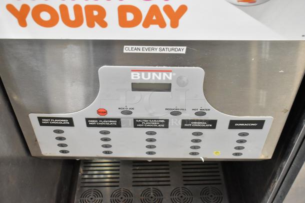 2019 Bunn IMIX-5 stainless steel cappuccino machine with various flavor options. Clean condition, "Clean Every Saturday" label.