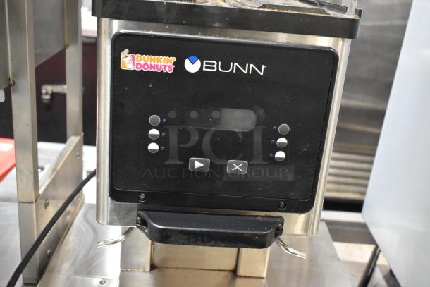 2018 Bunn MHG Coffee Grinder Base, Stainless Steel, Commercial, 120V, 1 Phase. Features Dunkin' Donuts branding.