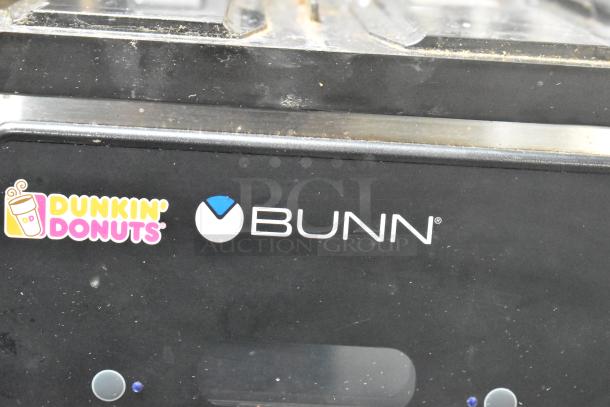 2018 Bunn MHG Stainless Steel Commercial Coffee Grinder Base, 120V, 1 Phase, branded panel with Dunkin' Donuts logo.