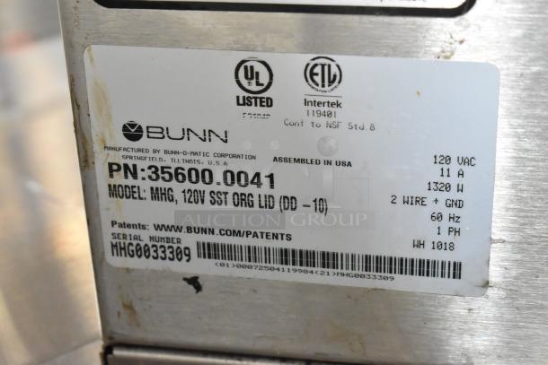2018 Bunn MHG coffee bean grinder base, stainless steel, commercial grade, 120V, 1 phase. Model and serial numbers visible.