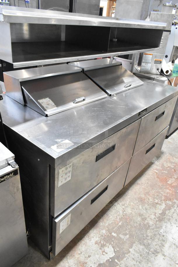 Delfield stainless steel sandwich prep table, bain marie mega top, 4 drawers, overshelf, 115 volts, 1 phase, commercial use.