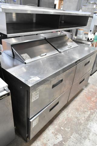 Delfield stainless steel sandwich prep table, bain marie mega top, 4 drawers, overshelf, 115 volts, 1 phase, commercial use.