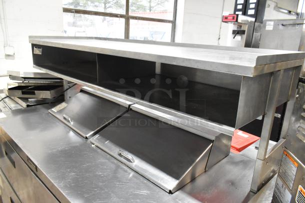 Delfield stainless steel commercial prep table with four drawers, over-shelf, and bain marie mega top. 115V, 1 phase.