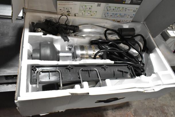 Brand new Robot Coupe CMP250 Combi 10" immersion blender with 8" whisk, 1/2 HP, 115V, in original packaging.