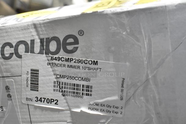Brand new Robot Coupe CMP250 immersion blender box, model 649CMP250COM. Scratch and dent condition. Visible label with specs.