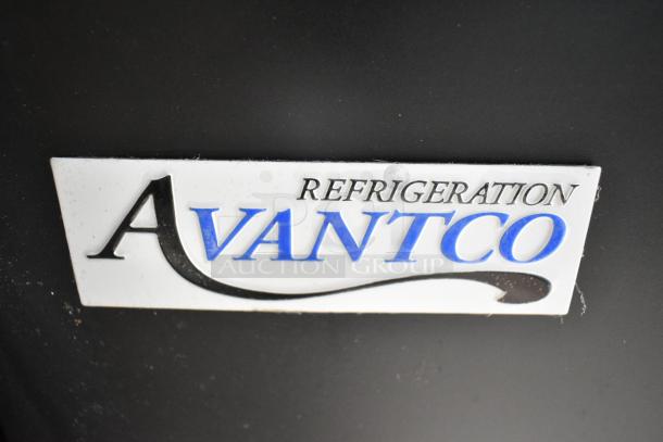 Avantco Refrigeration label on black surface, indicating model 193BC60HCB, 60" curved glass refrigerated bakery display case.