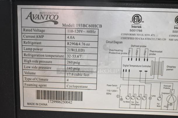 Brand new Avantco 193BC60HCB display case label, 110-120V, 1 phase, 17.6 cu ft, R290 refrigerant, 21W LED lamp.