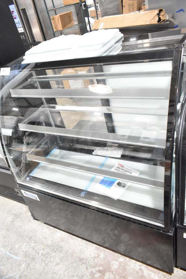 Brand new Avantco 193BCT48B 49" black refrigerated bakery display case, 3-shelf, curved glass, scratch and dent, LED lighting.