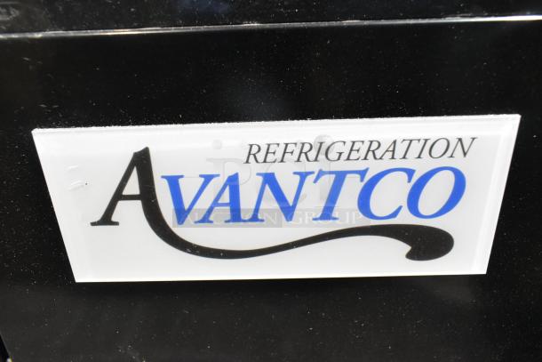 Avantco logo on a black surface, related to the 193BCT48B refrigerated bakery display case with LED lighting.