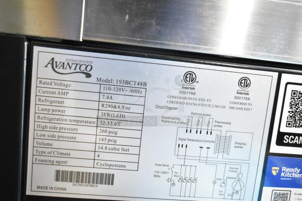 Avantco 193BCT48B bakery display case label. Rated voltage: 110-120V, refrigerant: R290, lamp power: 38W LED.