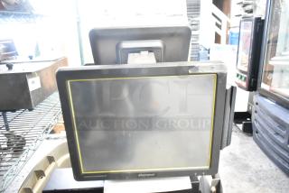 Benseron POS monitor and metal cash drawer in gray poly bin. Used condition, visible wear and sticker labels.