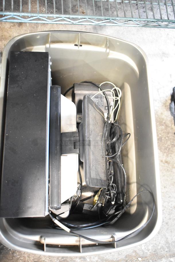 Gray poly bin with Benseron POS monitor, metal cash drawer, cables, and accessories. Condition appears used.