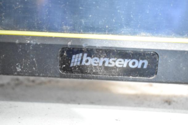 Benseron POS monitor, dusty condition, in gray poly bin; includes metal cash drawer with visible Benseron logo.