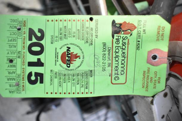 Set of 4 fire extinguishers with Susquehanna Fire Equipment inspection tag from 2015. Buyer pickup required.