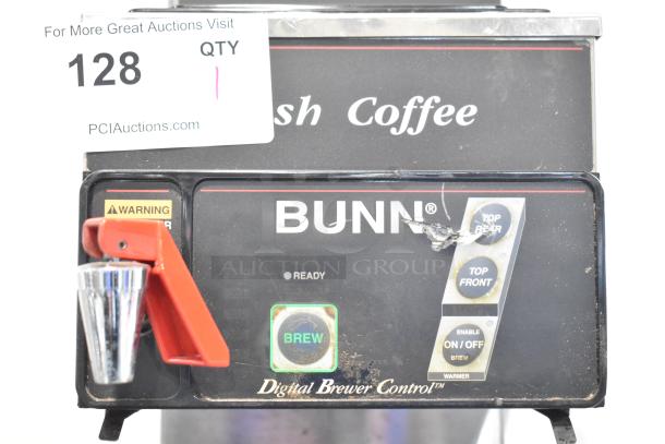 Bunn CDBCFP20 stainless steel commercial coffee machine, featuring hot water dispenser, metal brew basket, 120 volts.