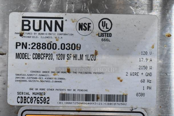 Bunn CDBCFP20 commercial coffee machine label showing model, power specifications, and serial number CDBC076502.