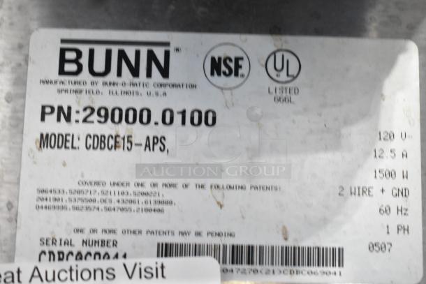 Bunn CDBCF15-APS coffee machine label indicating model, 120V, 1 phase, 1500W; NSF and UL listed marks shown.