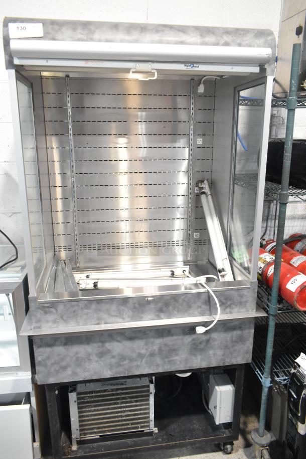 Metal commercial vertical reach-in grab-n-go merchandiser, 115 volts, 1 phase, with glass sides, used condition.