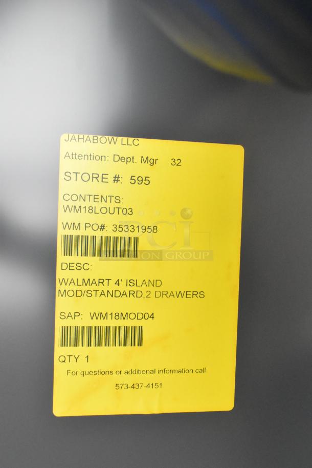 Jahabow Metal Commercial Display Case, 4' Island, 2 drawers. New condition. Yellow label detailing specifications.