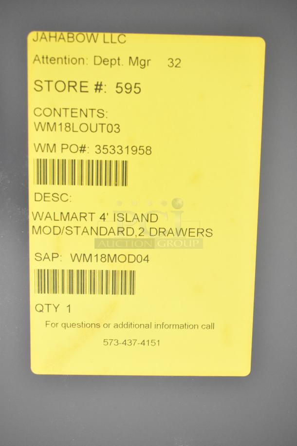 Jahabow metal display case, 4' island, 2 drawers. Store tag shows model WM18MOD04, used for merchandising.