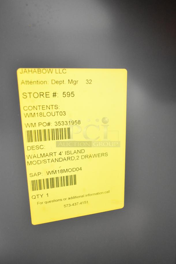 Jahabow Metal Display Case with 4' island mod, standard, 2 drawers. Yellow label shows store #595, PO #35331958.