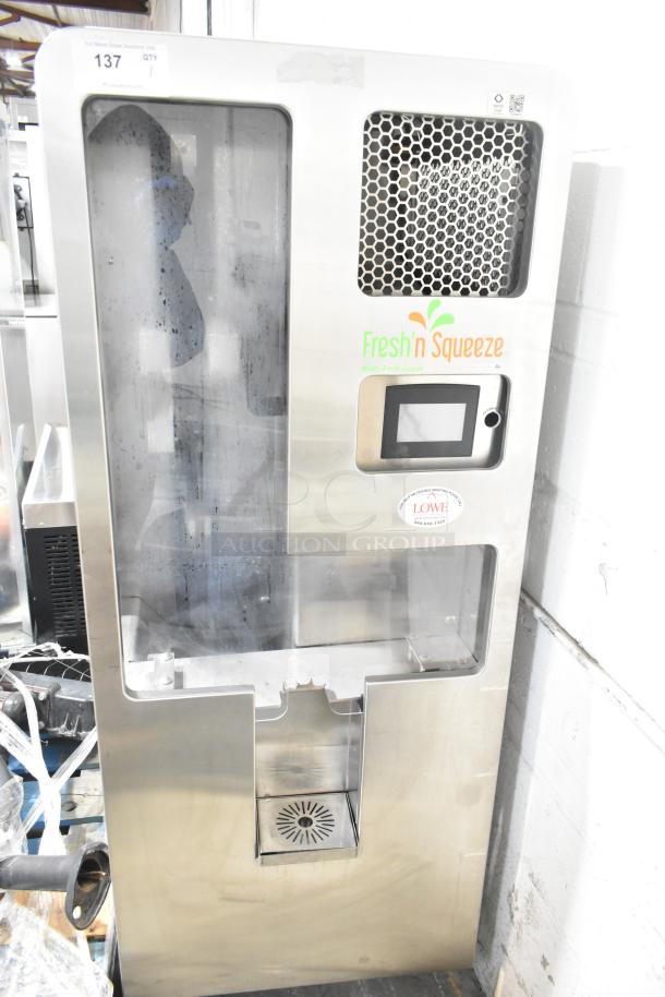 LATE MODEL JBT 2ND-GEN-MFJ-HE stainless steel citrus juicer, commercial floor style, on casters, 120V, 1 phase.