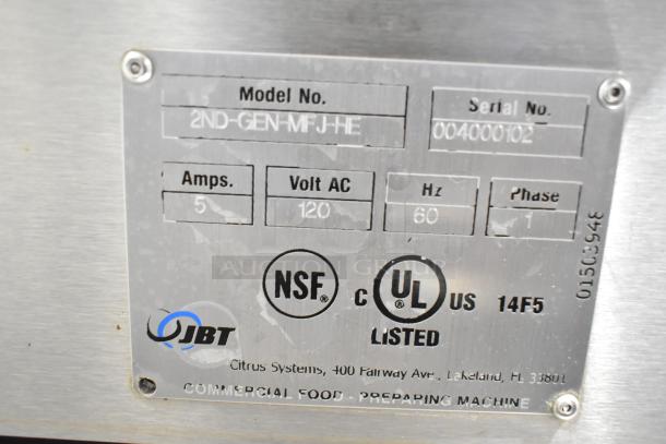 JBT 2ND-GEN-MFJ-HE Citrus Juicer, stainless steel, 120V, 1 Phase. NSF, UL listed. Serial No. 004000102. Commercial use.