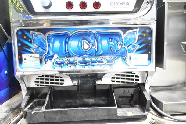 Olympia Excellence Metal Ice Story Slot Machine, vibrant design, good condition, visible model markings and coin slots.