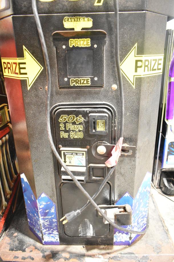 Gravity Hill Metal Floor Style Arcade Game, coin slot for 50 cents, prize labels, slight wear, power cord attached.