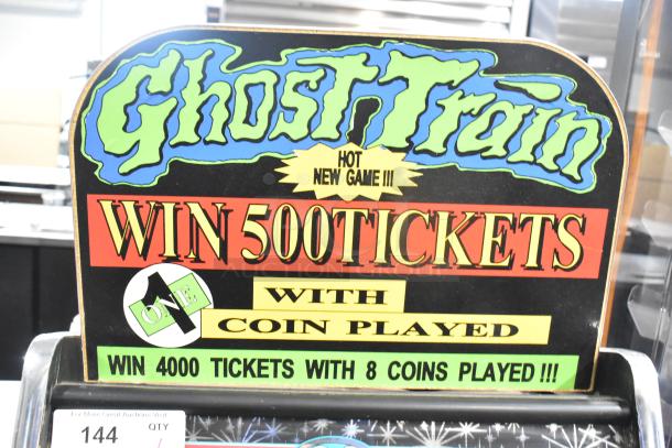 Metal floor-style slot machine, "Ghost Train" theme. Offers 500 tickets per coin play, 4000 with eight. 120 volts, 1 phase.