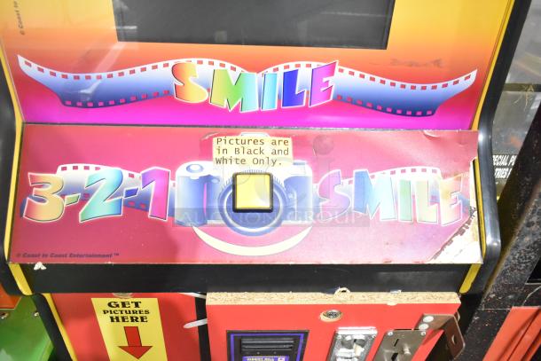 Smile Metal Floor Style Photo Machine, colorful design, 120 Volts, 1 Phase, black and white photos only, get pictures here label.