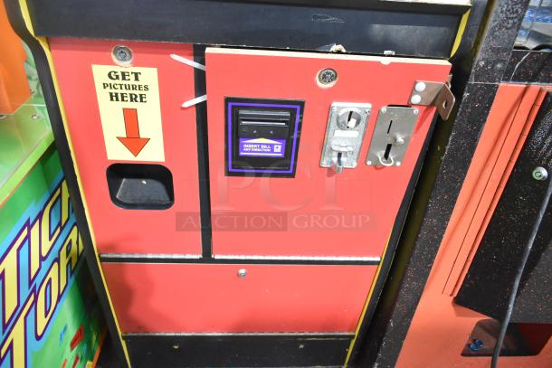 Smile Metal Floor Style Photo Machine, red panel, bill and coin slots, "Get Pictures Here" label, 120 Volts, 1 Phase.