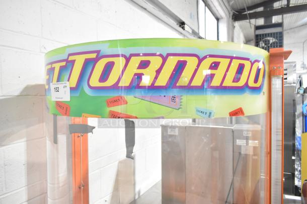 Ticket Tornado arcade machine, metal floor style, vibrant graphics, 120 volts, 1 phase. Model tag visible: "152, QTY 1".